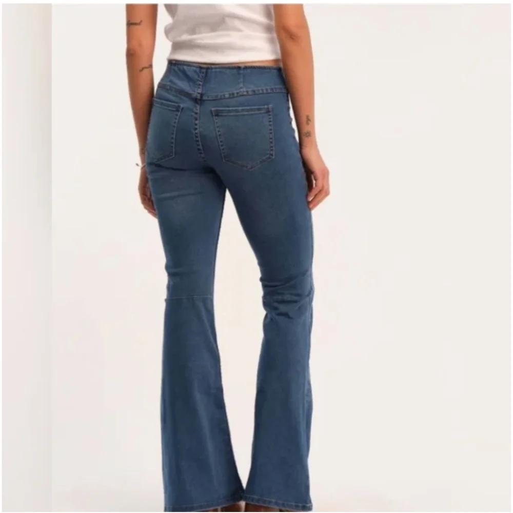 Blue Pullon Elastic Waist Flare Jeans Boho Western Hippie Rodeo Festival Large